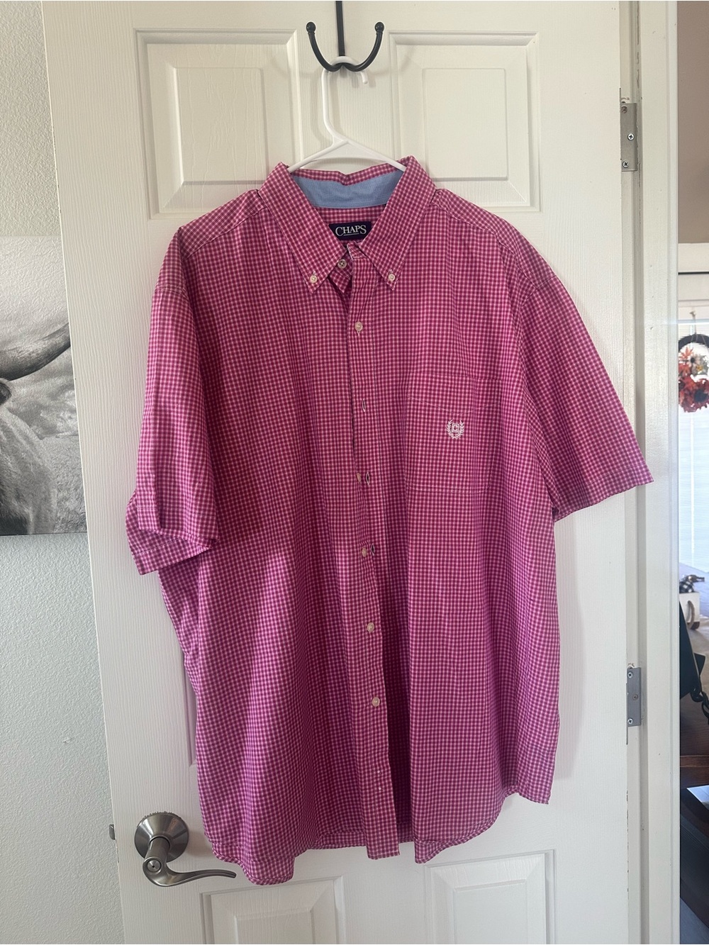 Chaps Mens 2XB Big Pink Gingham Short Sleeve Button Down Easy Care Shirt